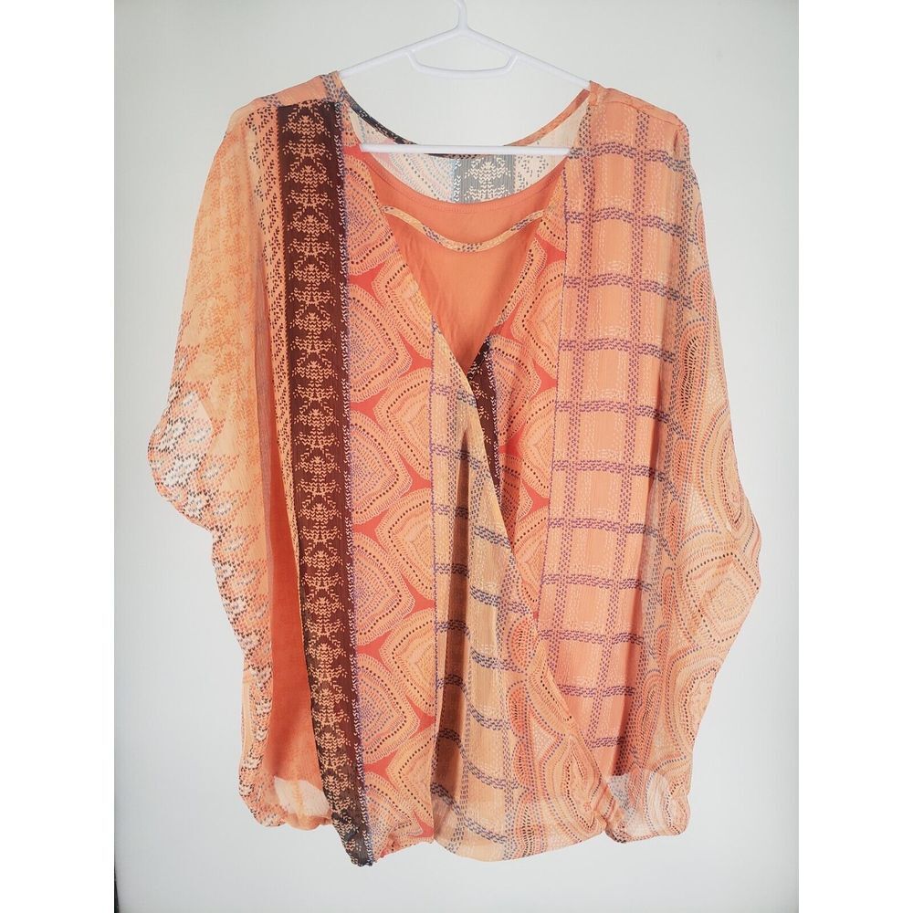 Dana Buchman Blouse‎ w/ Camisole Liner Top Size L Sleeveless Geometric Peach